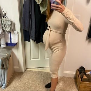 Fitted long sleeve mock neck maternity dress w belt